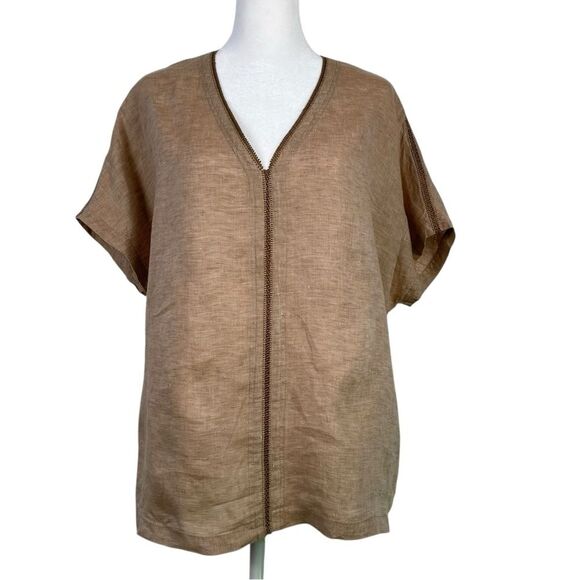 Poetry Crochet Trim Linen Size 10 V-neckline Tunic Top - Picture 1 of 11